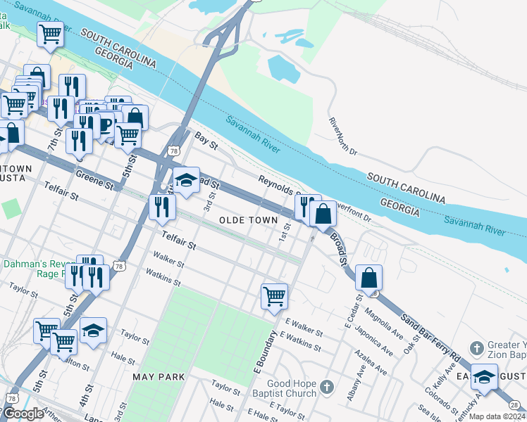 map of restaurants, bars, coffee shops, grocery stores, and more near 125 Ellis Street in Augusta