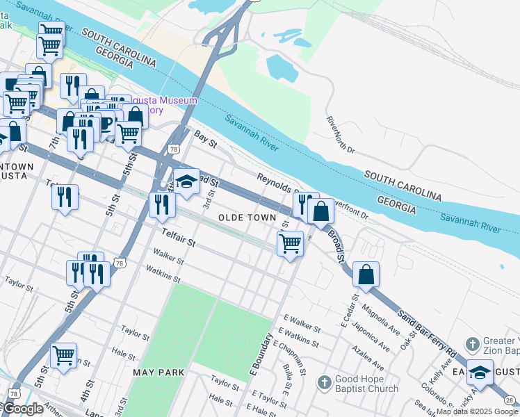 map of restaurants, bars, coffee shops, grocery stores, and more near 125 Ellis Street in Augusta