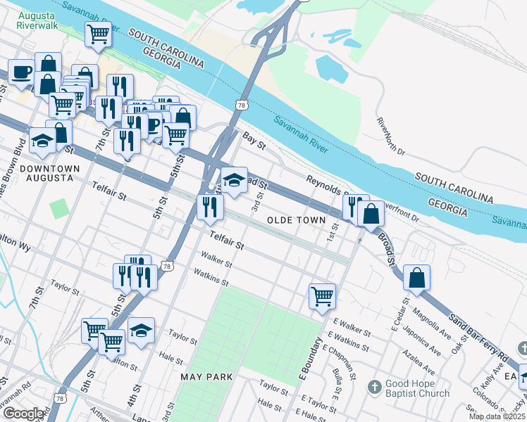 map of restaurants, bars, coffee shops, grocery stores, and more near 247 Greene Street in Augusta