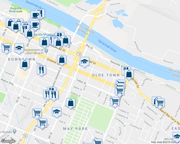 map of restaurants, bars, coffee shops, grocery stores, and more near 312 Greene Street in Augusta