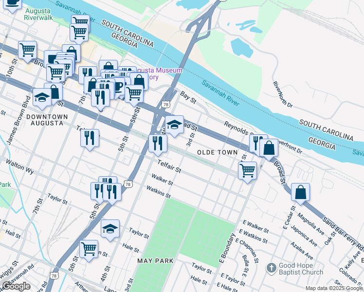 map of restaurants, bars, coffee shops, grocery stores, and more near 312 Greene Street in Augusta