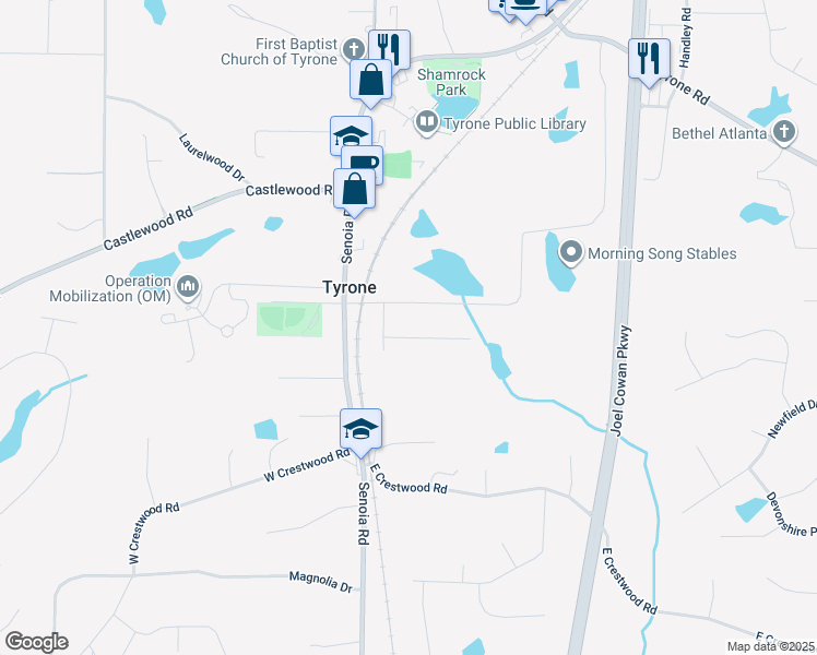 map of restaurants, bars, coffee shops, grocery stores, and more near 345 Park Haven Lane in Tyrone
