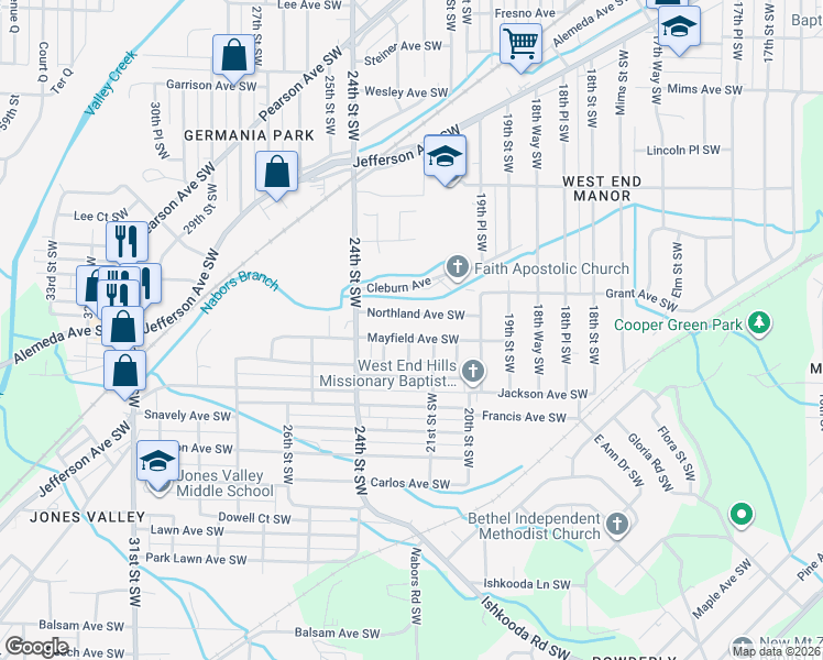 map of restaurants, bars, coffee shops, grocery stores, and more near 1500 22nd Street Southwest in Birmingham