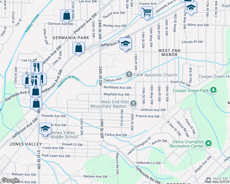 map of restaurants, bars, coffee shops, grocery stores, and more near 1500 22nd Street Southwest in Birmingham