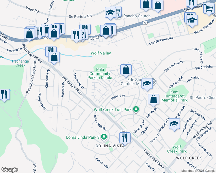 map of restaurants, bars, coffee shops, grocery stores, and more near 45763 Via Nubes in Temecula