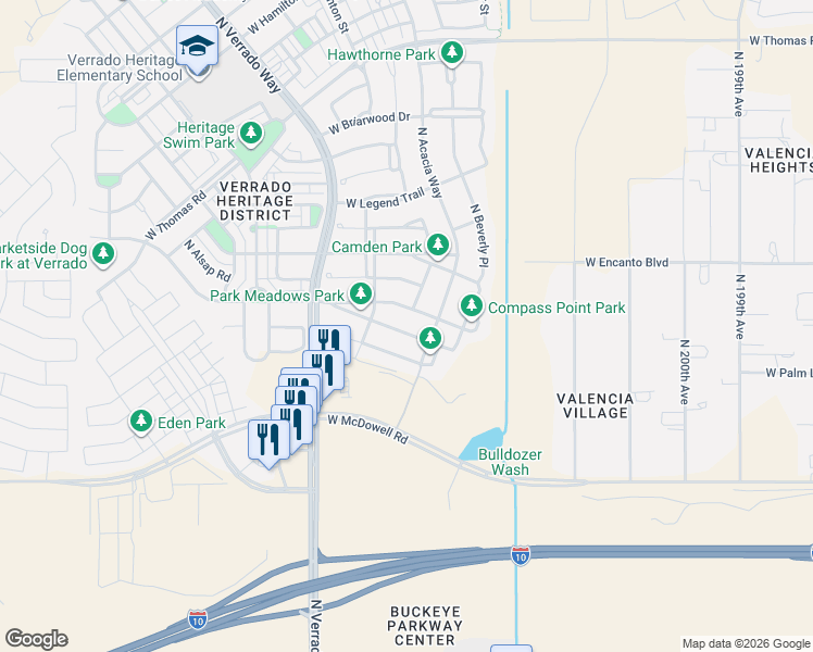map of restaurants, bars, coffee shops, grocery stores, and more near 20462 West Carlton Manor in Buckeye