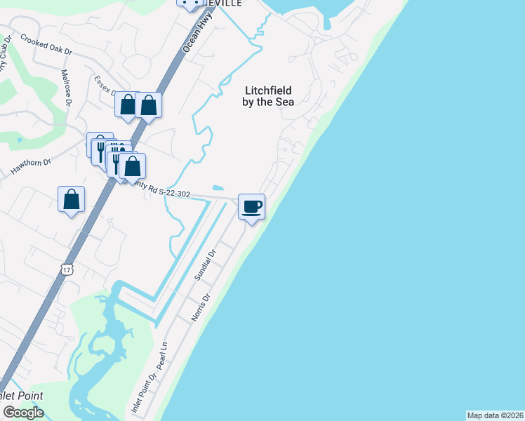 map of restaurants, bars, coffee shops, grocery stores, and more near 1 Norris Drive in Pawleys Island