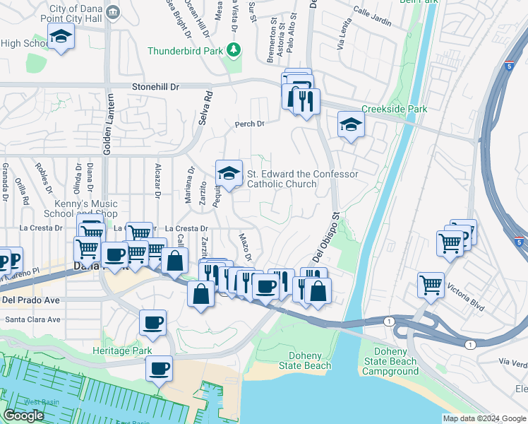 map of restaurants, bars, coffee shops, grocery stores, and more near 1 Cobalt Drive in Dana Point