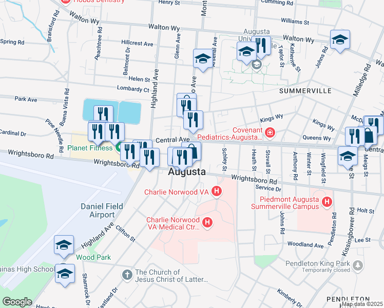 map of restaurants, bars, coffee shops, grocery stores, and more near 1520 Monte Sano Avenue in Augusta
