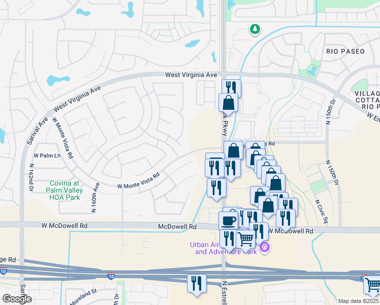 map of restaurants, bars, coffee shops, grocery stores, and more near West Monte Vista in Goodyear