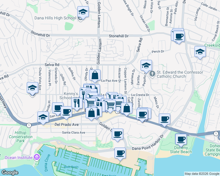 map of restaurants, bars, coffee shops, grocery stores, and more near 33962 Silver Lantern Street in Dana Point