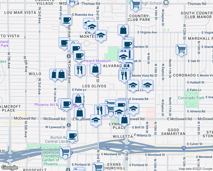 map of restaurants, bars, coffee shops, grocery stores, and more near 340 East Palm Lane in Phoenix