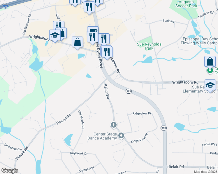 map of restaurants, bars, coffee shops, grocery stores, and more near 4012 Belair Rd in Augusta
