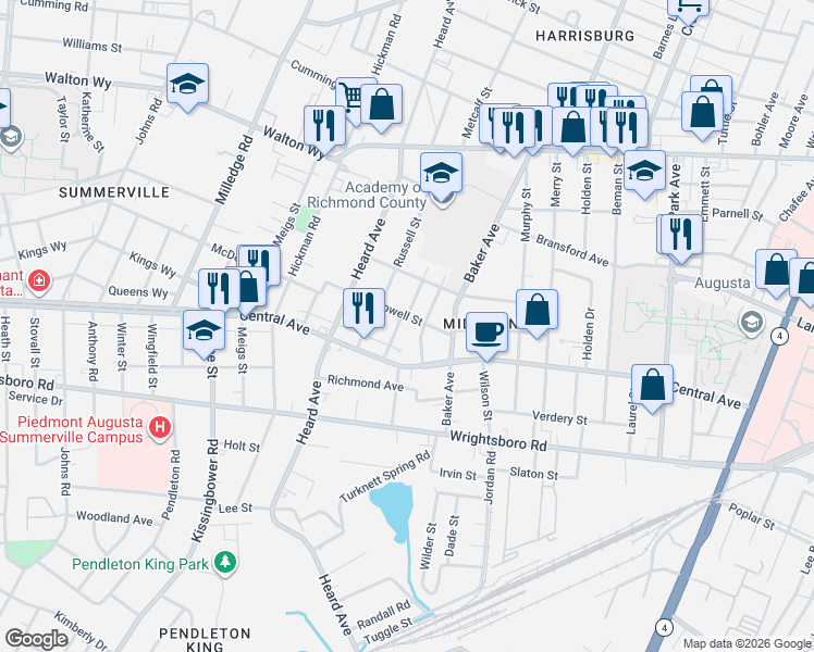 map of restaurants, bars, coffee shops, grocery stores, and more near 1103 Hogan Street in Augusta