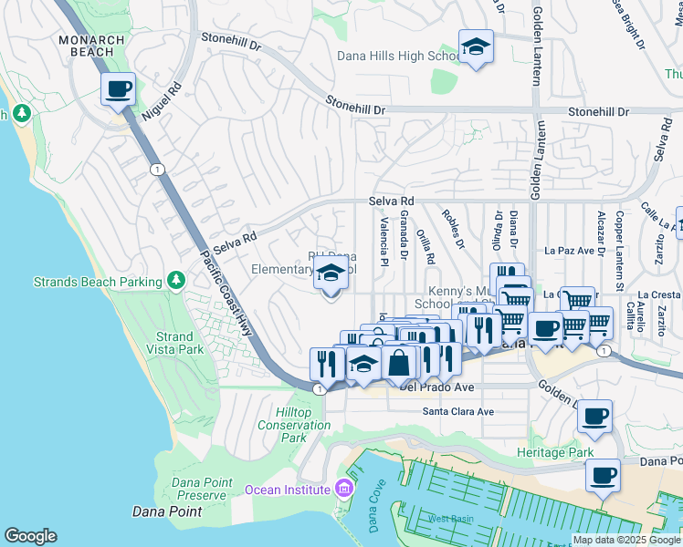 map of restaurants, bars, coffee shops, grocery stores, and more near 24232 Porto Nuovo in Dana Point