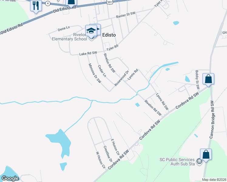 map of restaurants, bars, coffee shops, grocery stores, and more near 629 Rosewood Drive in Orangeburg