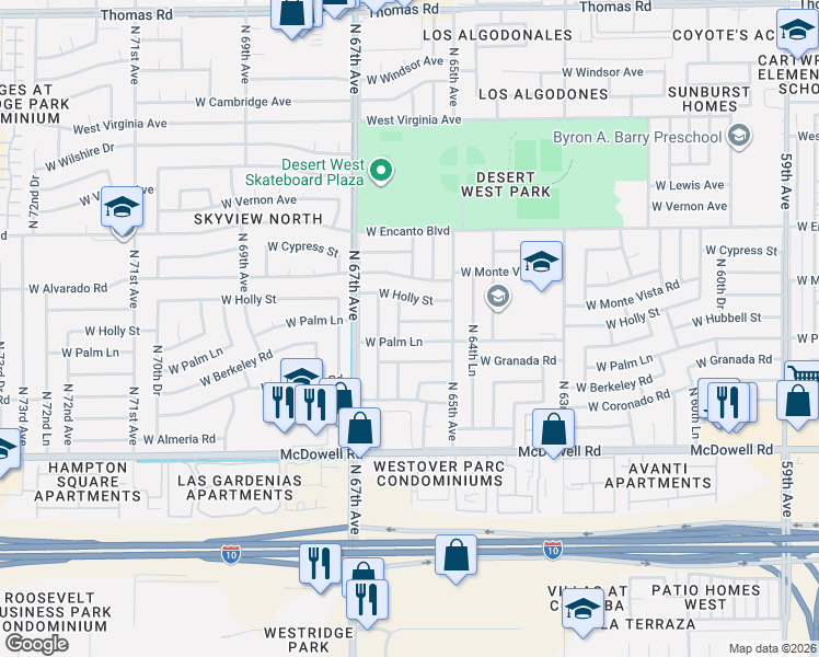 map of restaurants, bars, coffee shops, grocery stores, and more near 6550 West Palm Lane in Phoenix