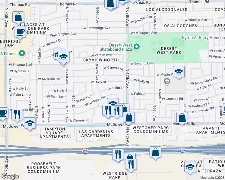 map of restaurants, bars, coffee shops, grocery stores, and more near 6834 West Berkeley Road in Phoenix