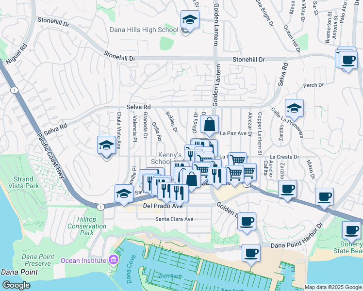 map of restaurants, bars, coffee shops, grocery stores, and more near 33915 Robles Drive in Dana Point