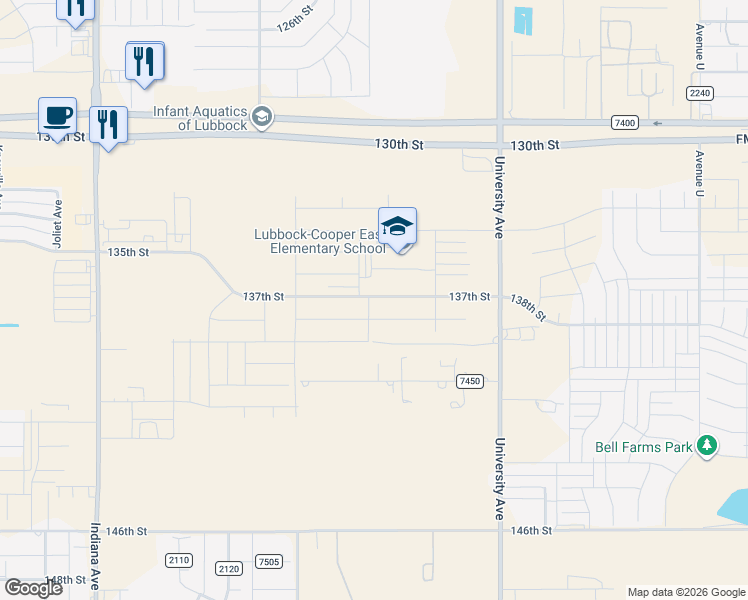map of restaurants, bars, coffee shops, grocery stores, and more near 2500-2924 140th Street in Lubbock