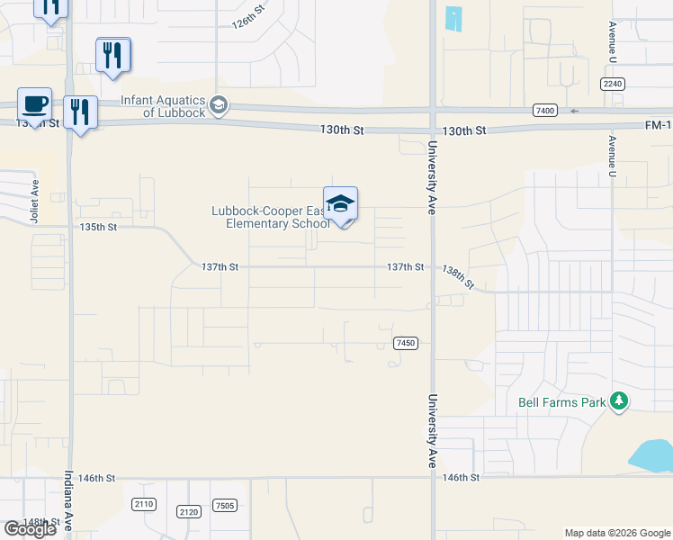 map of restaurants, bars, coffee shops, grocery stores, and more near 2500-2924 140th Street in Lubbock