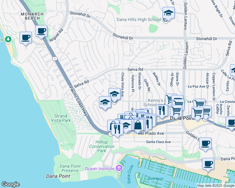 map of restaurants, bars, coffee shops, grocery stores, and more near 24232 Porto Nuovo in Dana Point