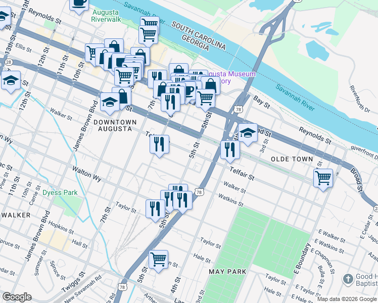 map of restaurants, bars, coffee shops, grocery stores, and more near 506 Telfair Street in Augusta