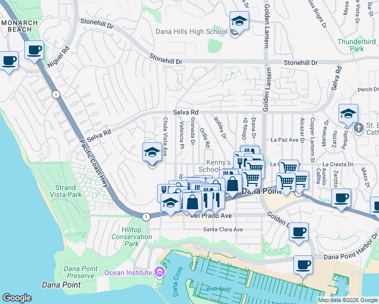 map of restaurants, bars, coffee shops, grocery stores, and more near 33931 Granada Drive in Dana Point