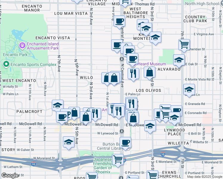 map of restaurants, bars, coffee shops, grocery stores, and more near 2001 North 1st Avenue in Phoenix