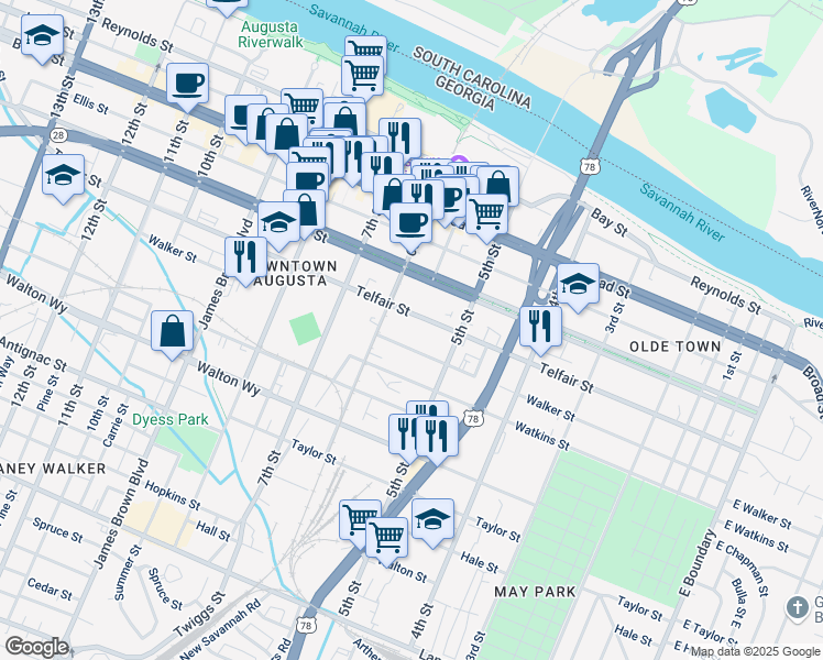 map of restaurants, bars, coffee shops, grocery stores, and more near 540 Telfair Street in Augusta