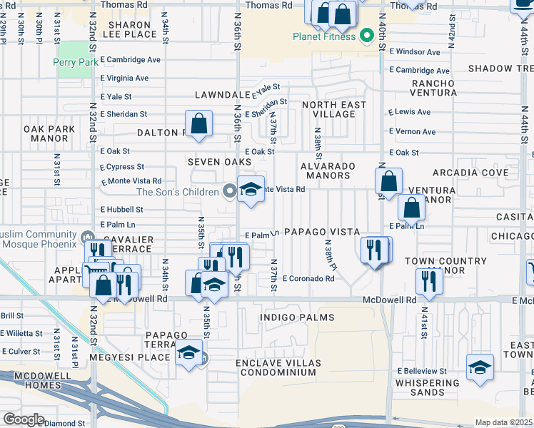 map of restaurants, bars, coffee shops, grocery stores, and more near 2013 North 36th Street in Phoenix