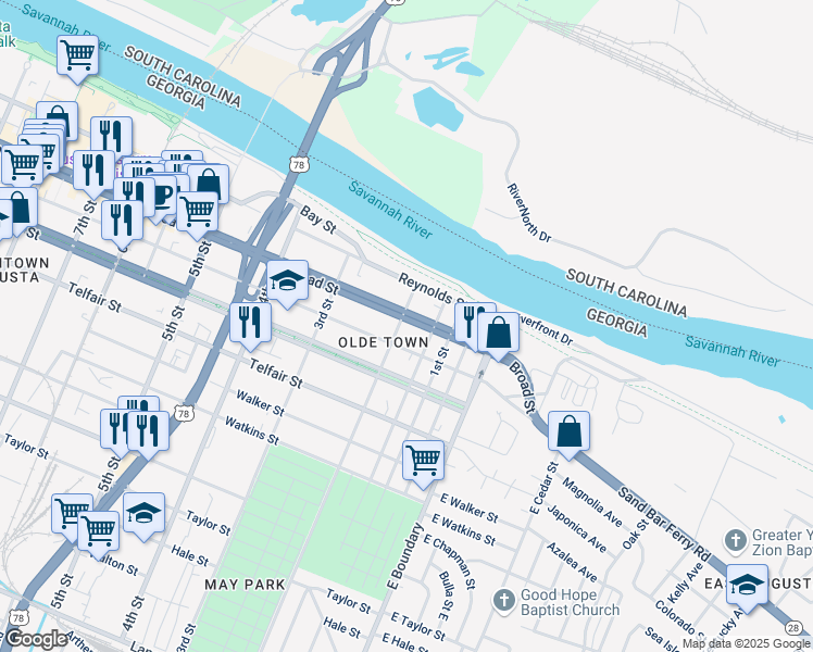 map of restaurants, bars, coffee shops, grocery stores, and more near 134 Broad Street in Augusta