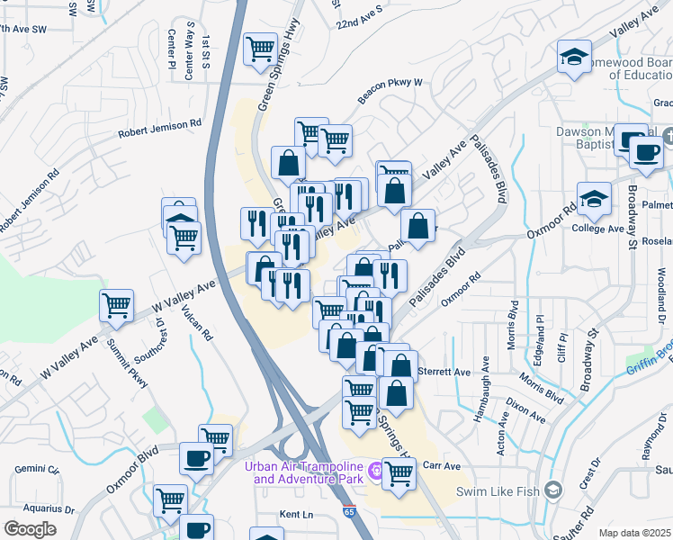 map of restaurants, bars, coffee shops, grocery stores, and more near 314 Beacon Crest Lane in Birmingham