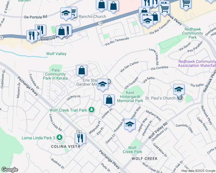 map of restaurants, bars, coffee shops, grocery stores, and more near 45125 Vía Del Coronado in Temecula