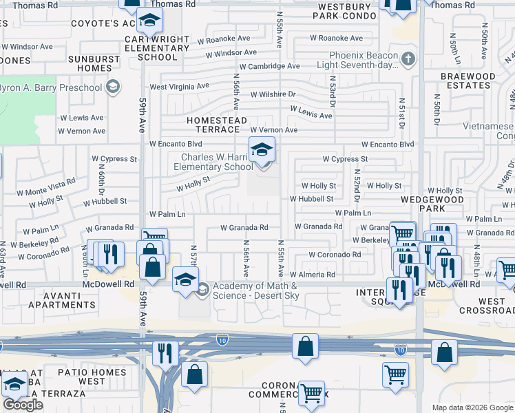 map of restaurants, bars, coffee shops, grocery stores, and more near 5529 West Palm Lane in Phoenix