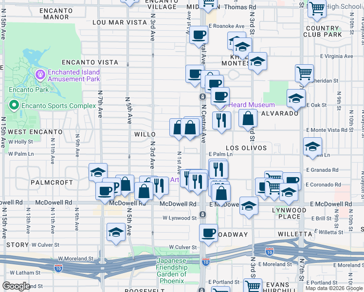 map of restaurants, bars, coffee shops, grocery stores, and more near 2001 North 1st Avenue in Phoenix