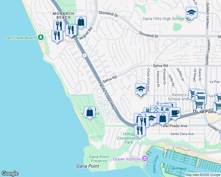 map of restaurants, bars, coffee shops, grocery stores, and more near 33925 Cape Cove in Dana Point
