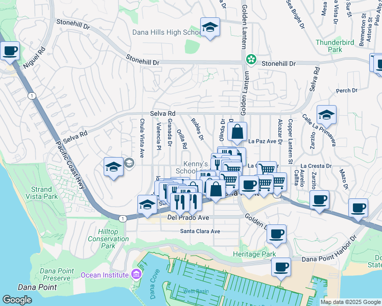 map of restaurants, bars, coffee shops, grocery stores, and more near 33932 Street of the Amber Lantern in Dana Point