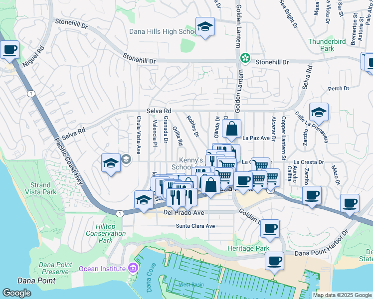 map of restaurants, bars, coffee shops, grocery stores, and more near in MONARCH BAY