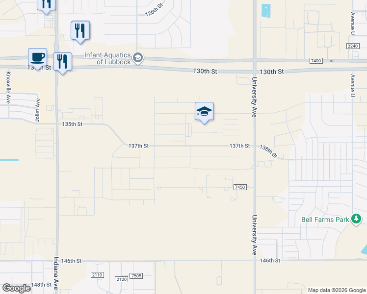 map of restaurants, bars, coffee shops, grocery stores, and more near 2706 County Road 7450 in Lubbock