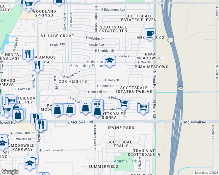 map of restaurants, bars, coffee shops, grocery stores, and more near 8440 East Hubbell Street in Scottsdale