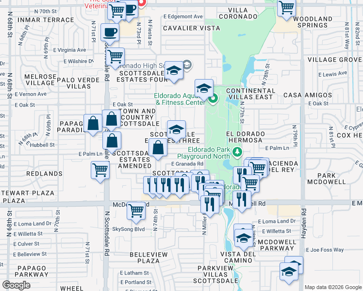 map of restaurants, bars, coffee shops, grocery stores, and more near 7502 East Palm Lane in Scottsdale