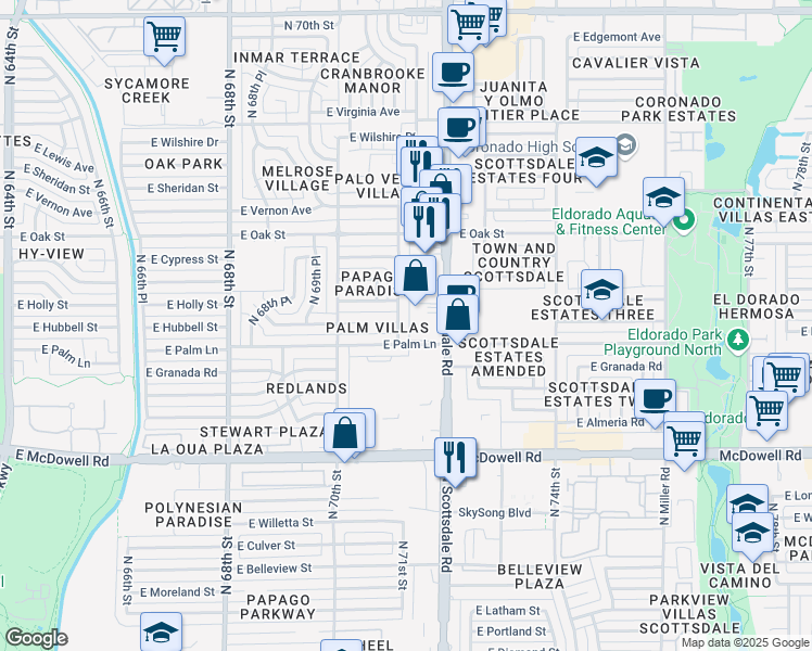 map of restaurants, bars, coffee shops, grocery stores, and more near 7038 East Palm Lane in Scottsdale