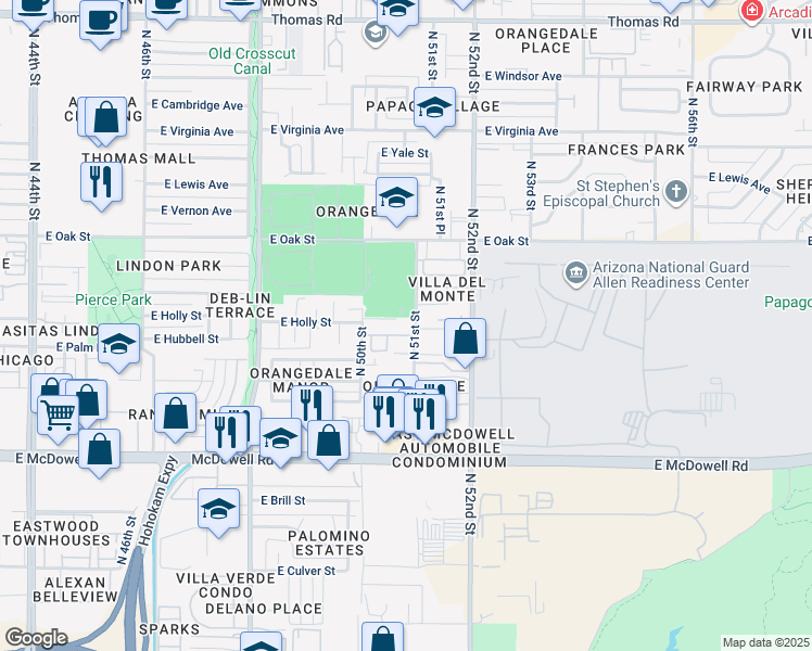 map of restaurants, bars, coffee shops, grocery stores, and more near 2006 North 51st Street in Phoenix
