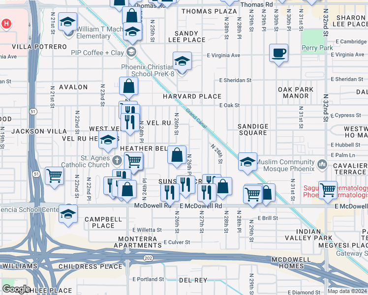 map of restaurants, bars, coffee shops, grocery stores, and more near 1923 North 25th Place in Phoenix
