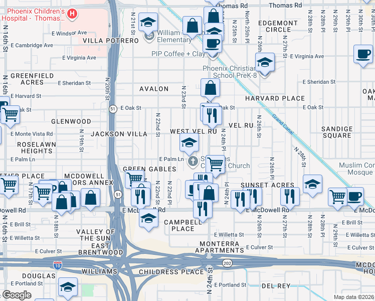 map of restaurants, bars, coffee shops, grocery stores, and more near 2302 East Palm Lane in Phoenix