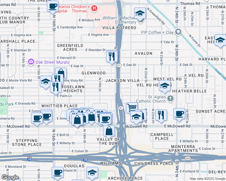 map of restaurants, bars, coffee shops, grocery stores, and more near 1942 East Palm Lane in Phoenix