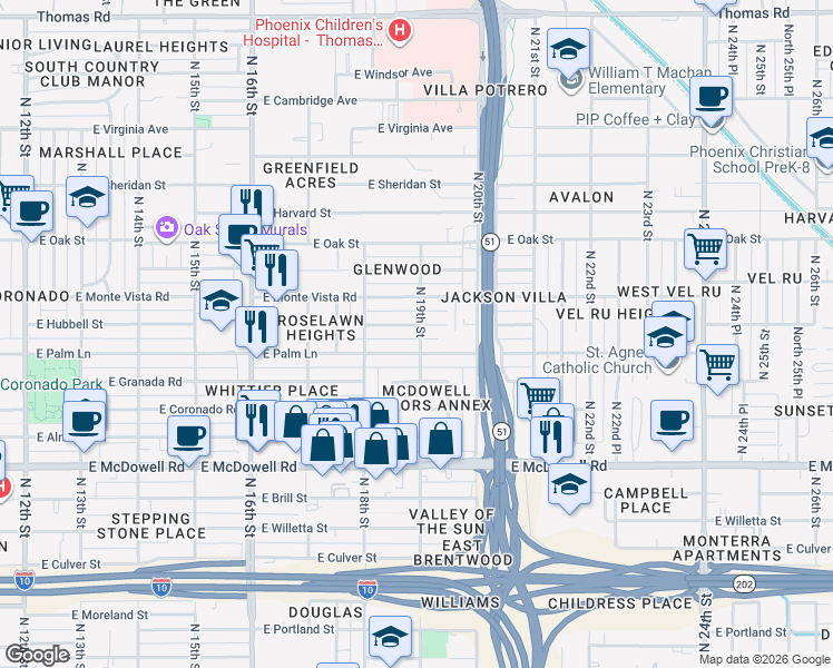 map of restaurants, bars, coffee shops, grocery stores, and more near 1902 East Palm Lane in Phoenix