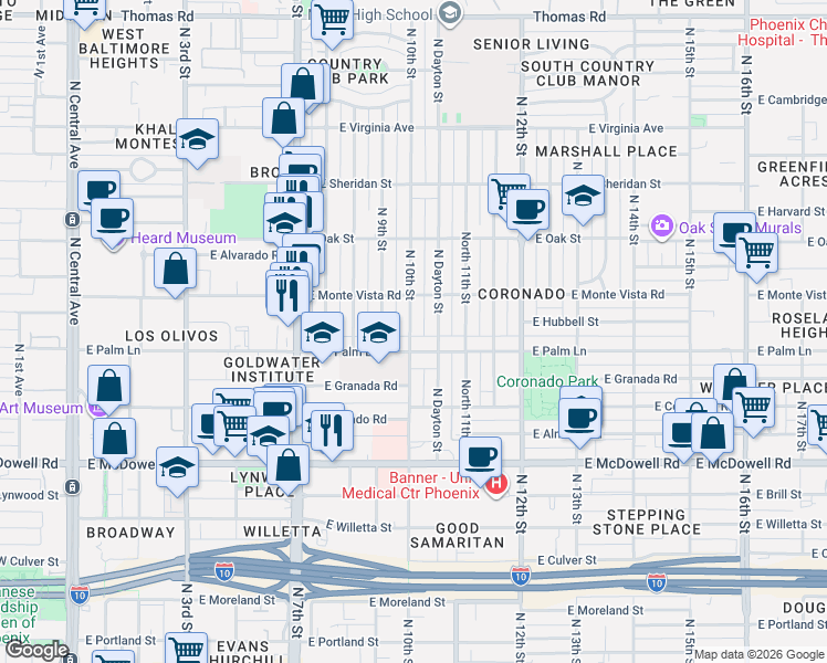 map of restaurants, bars, coffee shops, grocery stores, and more near 1002 East Palm Lane in Phoenix