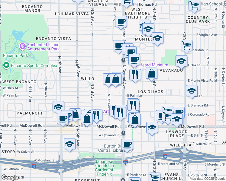map of restaurants, bars, coffee shops, grocery stores, and more near 2001 North 1st Avenue in Phoenix